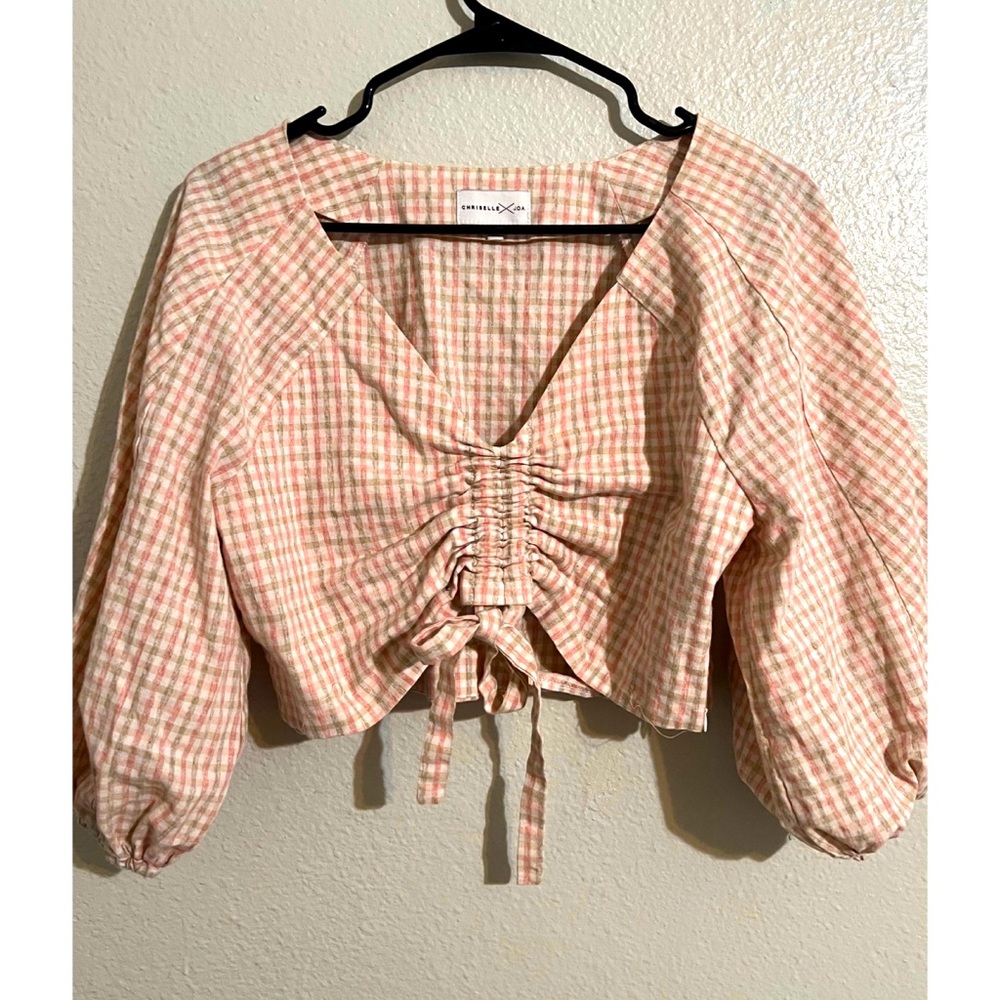 CHRISELLE X JOA Cropped Check Ruching front Top
